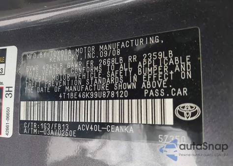 2009 Toyota Camry Le z USA, uszkodzony, nr VIN 4T1BE46K99U878120